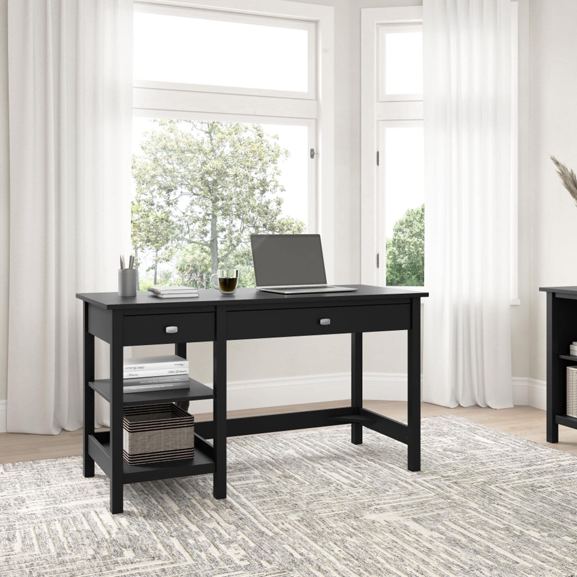 Bush Broadview 2-Drawer Computer Desk with Shelves in Classic Black