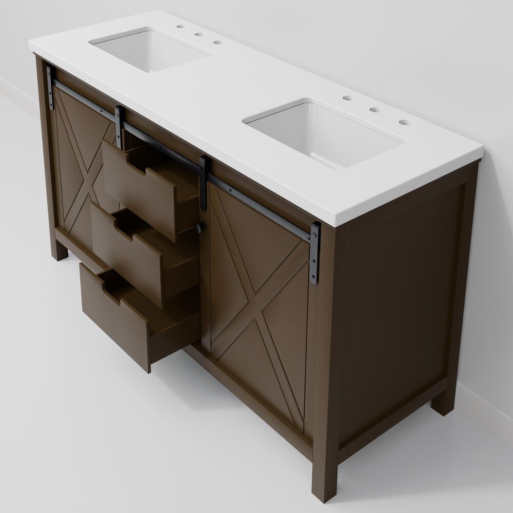Lexora Home Marsyas 60" Double Bathroom Vanity in Brown with 2 cm White Cultured Marble Top and Rectangular Sinks, , large