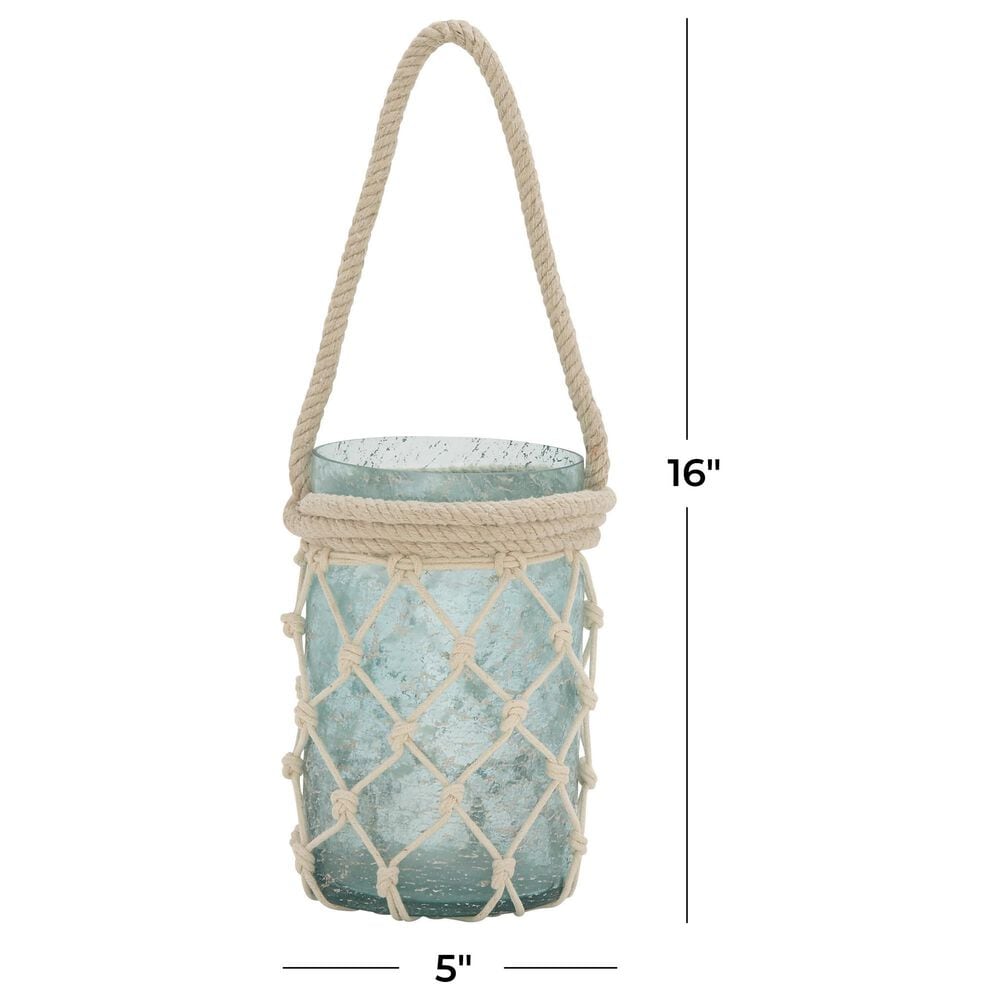 Maple and Jade 5&quot; x 16&quot; Indoor/Outdoor Candle Lantern with Rope Handle in Frosted Blue and Cream, , large