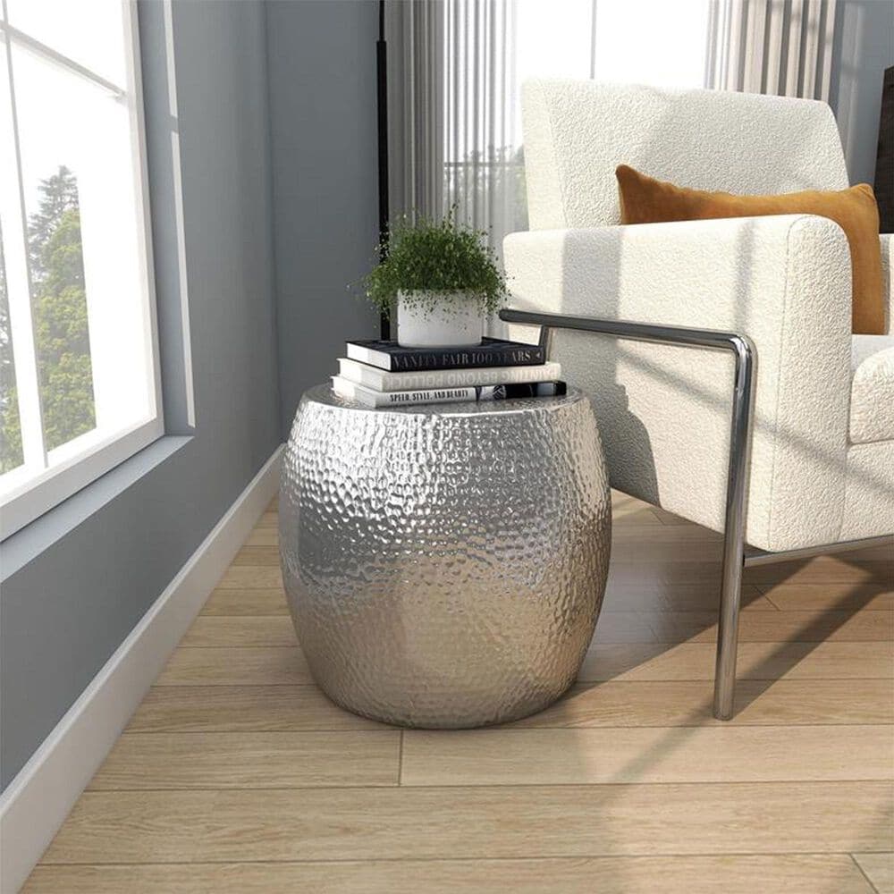 Maple and Jade Drum End Table with Hammered Design in Silver, , large