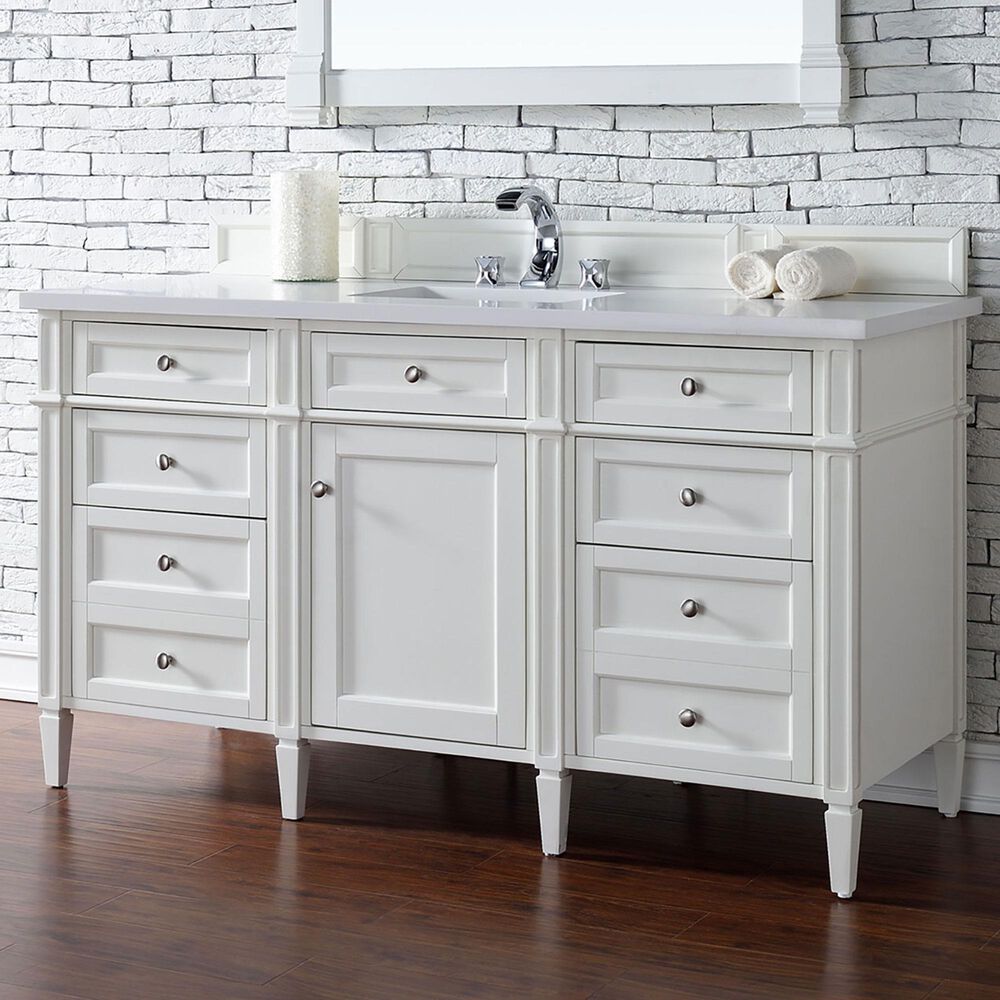 James Martin Vanities Brittany 60&quot; Single Bathroom Vanity in Bright White with 3 cm White Zeus Quartz Top and Rectangular Sink, , large