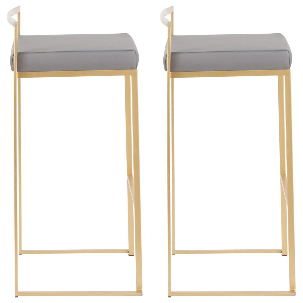Lumisource Fuji Stackable Barstool with Grey Faux Leather in Gold (Set of 2), , large