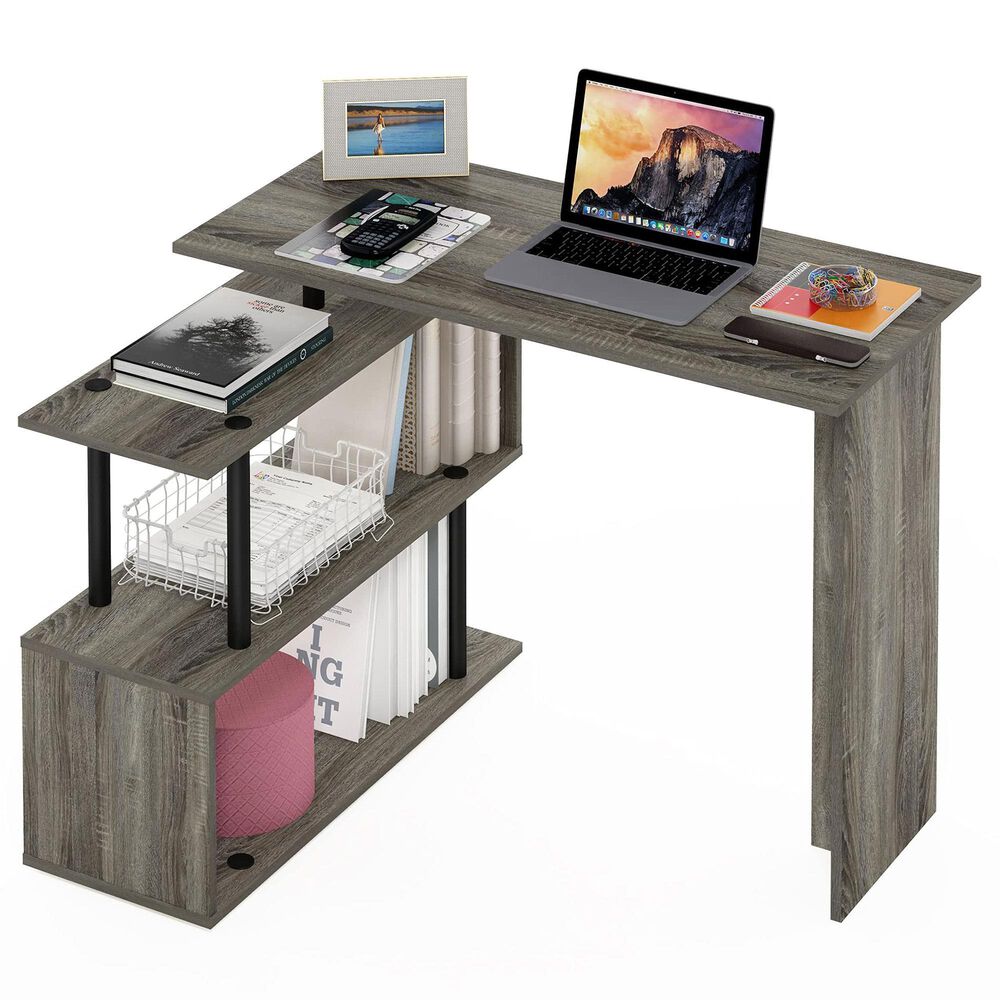 HOMLUX 3-Tier Shelves L-Shape Computer Desk in French Oak Grey and Black, , large