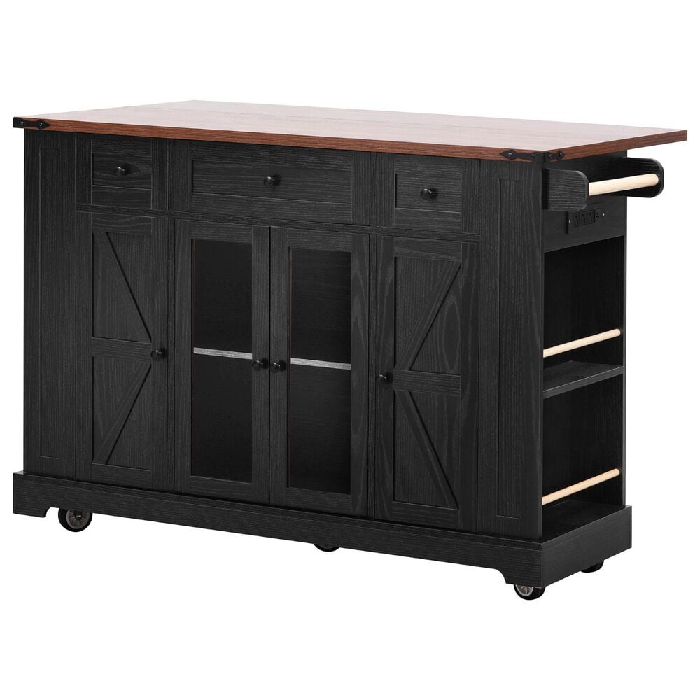 HOMLUX 53" Farmhouse Kitchen Island with Two Tempered Glass Cabinet Doors in Black, , large