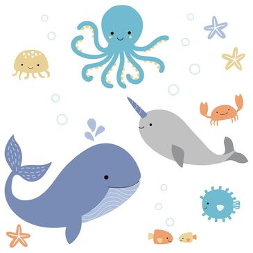 Lambs and Ivy Whales Tale Nautical Ocean Animals Wall Decals in Blue, Grey and White, , large