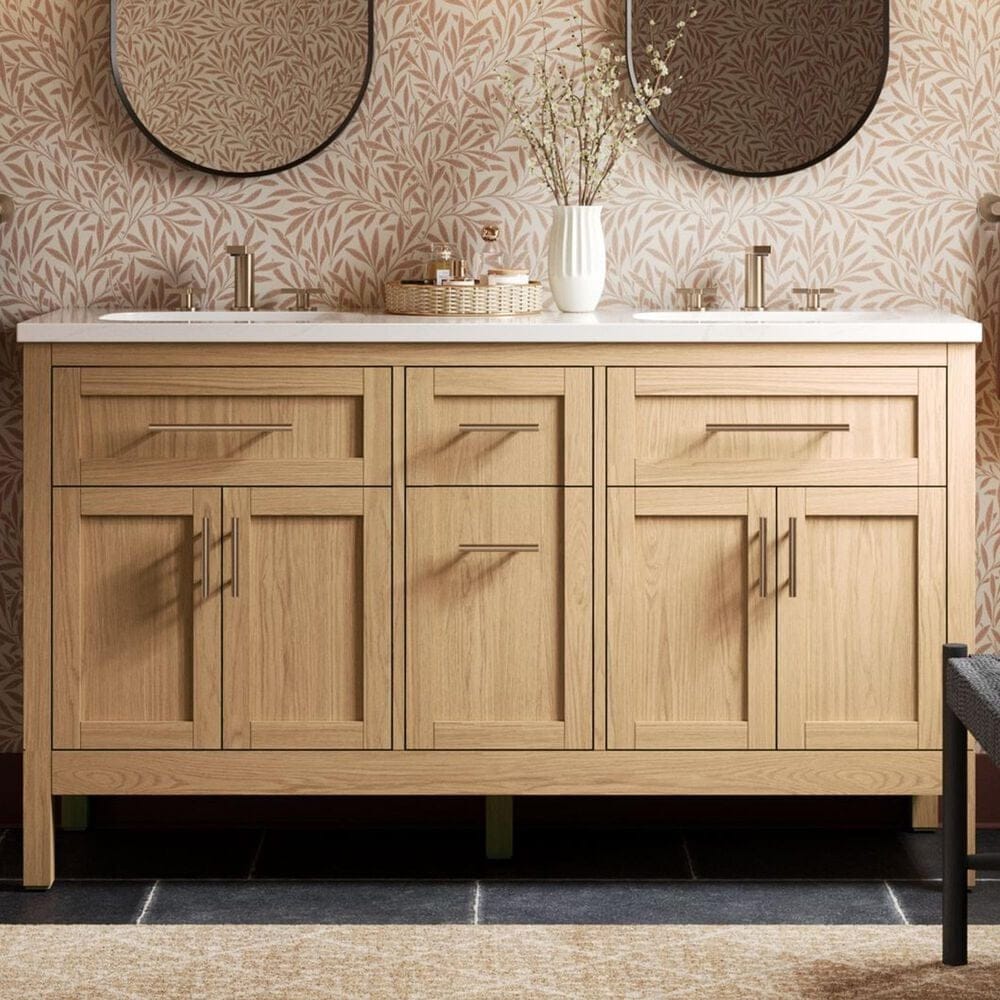 Kohler Hadron 60" Double Bathroom Vanity in Light Oak with 3 cm Bianco Bella Quartz Top and Oval Sinks, , large