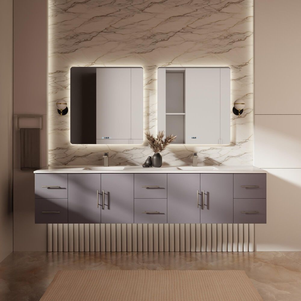 Lexora Home Geneva 84" Double Bathroom Vanity in Dark Grey with 2 cm White Cultured Marble Top and Rectangular Sinks, , large