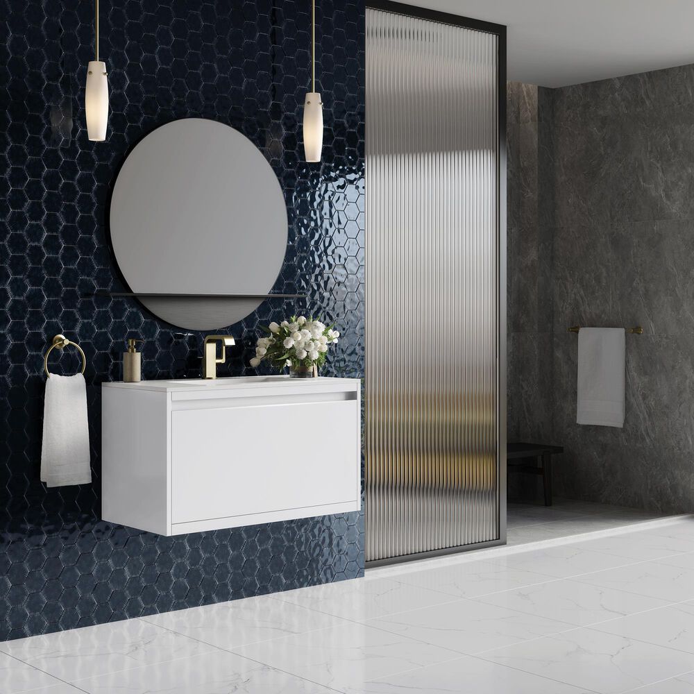James Martin Mantova 35.4&quot; Single Bathroom Vanity in Glossy White and Champagne Brass with 2 cm Glossy White Solid Surface Top and Rectangular Sink, , large