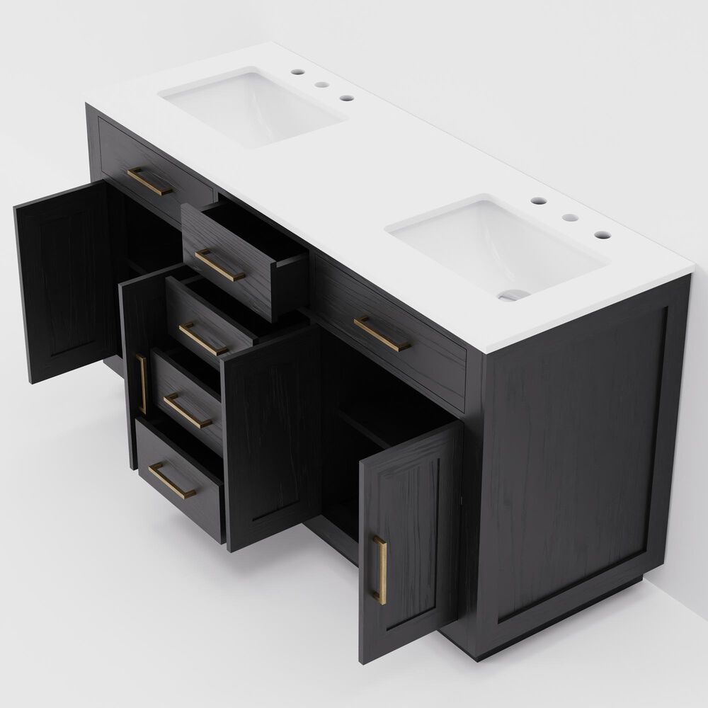 Lexora Home Abbey 60&quot; Double Bathroom Vanity in Black Oak with 2 cm White Cultured Marble Top and Rectangular Sinks, , large