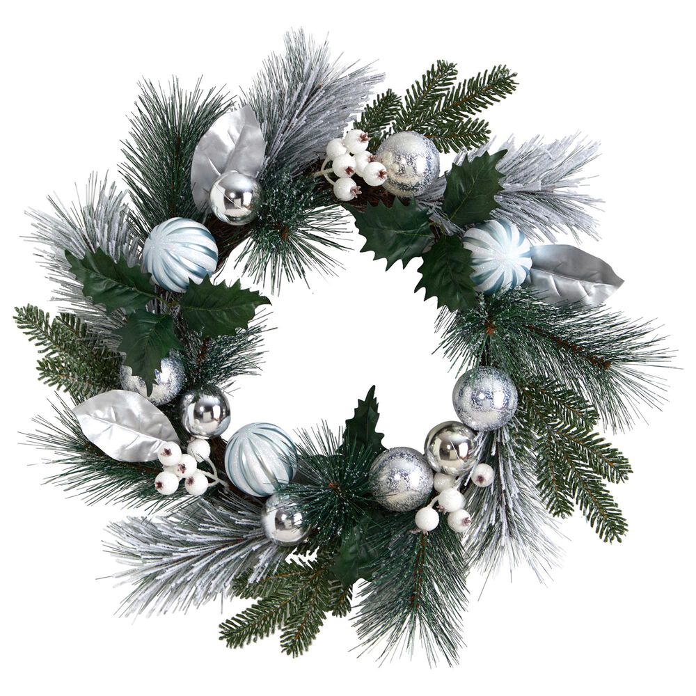 Nearly Natural Inc 24in. Pinecones and Berries Christmas Artificial Wreath with Silver Ornaments, , large