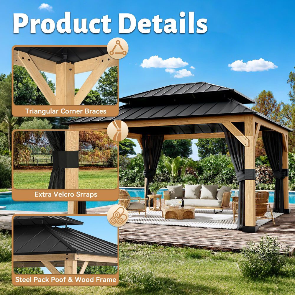 Sunwell Garden 13' x 11' Outdoor Double Roof Hardtop Wood Gazebo, , large
