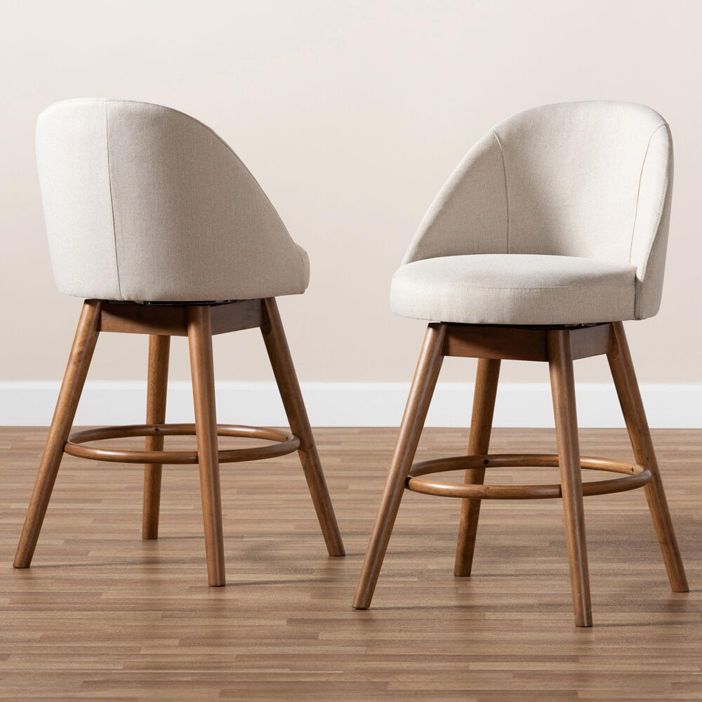 Baxton Studio Carra Swivel Counter Stool with Light Beige Cushion in Walnut (Set of 2), , large