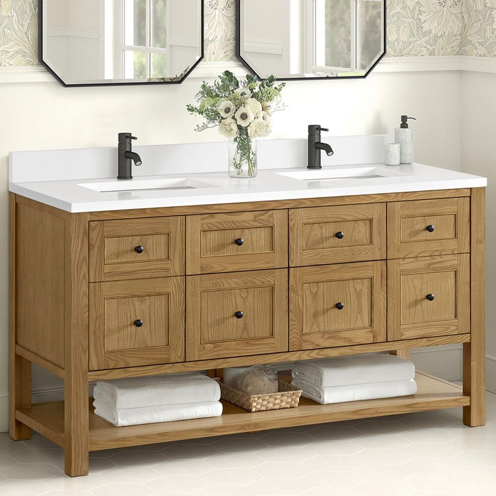 James Martin Vanities Breckenridge 60&quot; Double Bathroom Vanity in Light Natural Oak with Single Hole 3 cm White Zeus Quartz Top and Rectangular Sinks, , large