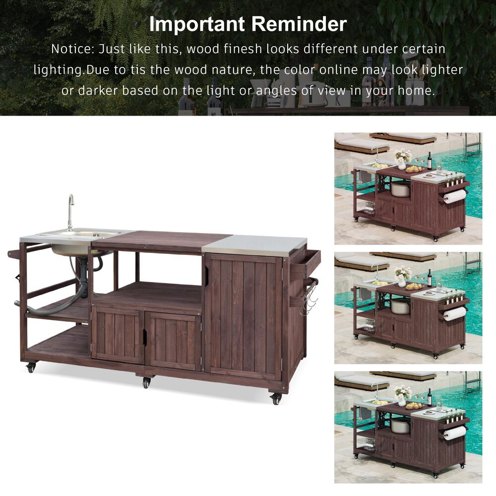 HOMLUX 75.4" Outdoor Kitchen Island with Sink, Solid Wood Outdoor Grill Cart for XL Green Egg Grills, Rolling Outdoor Bar Cart with Stainless Steel Top, for Pizza Prep &amp; BBQ, Brown, , large