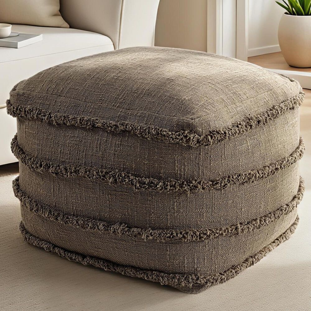 LR Home 18" Square Striped Pouf in Brown, , large