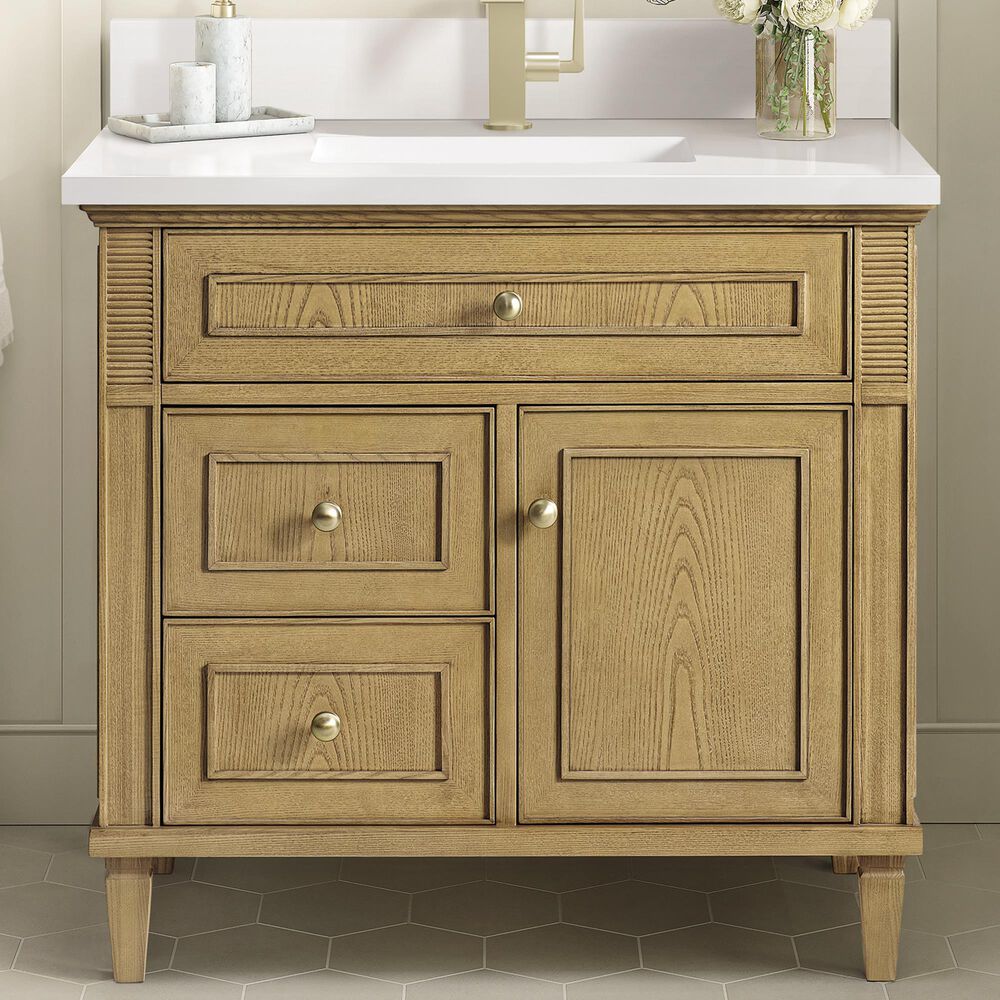 James Martin Vanities Lorelai 36&quot; Single Vanity in Light Natural Oak with Single Hole 3 cm White Zeus Quartz Top &amp; Backsplash, , large