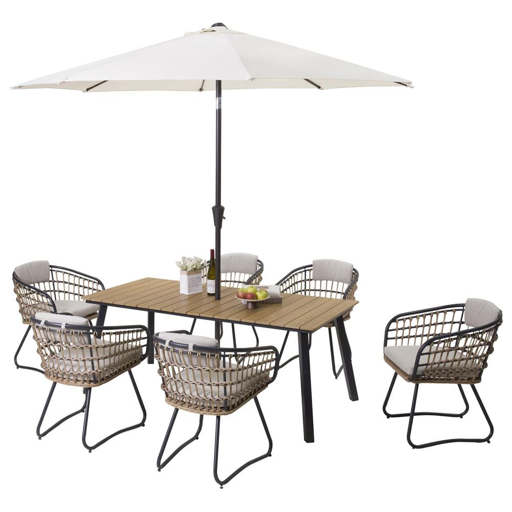 Hearth and Haven 7-Piece Outdoor Rectangular Dining Set with Beige Cushion in Black, , large