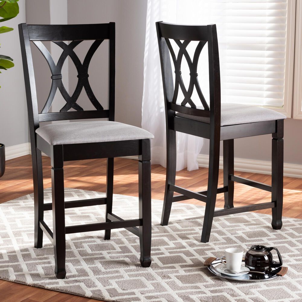 Baxton Studio Reneau Counter Height Pub Chair with Gray Cushion in Espresso Brown (Set of 2), , large