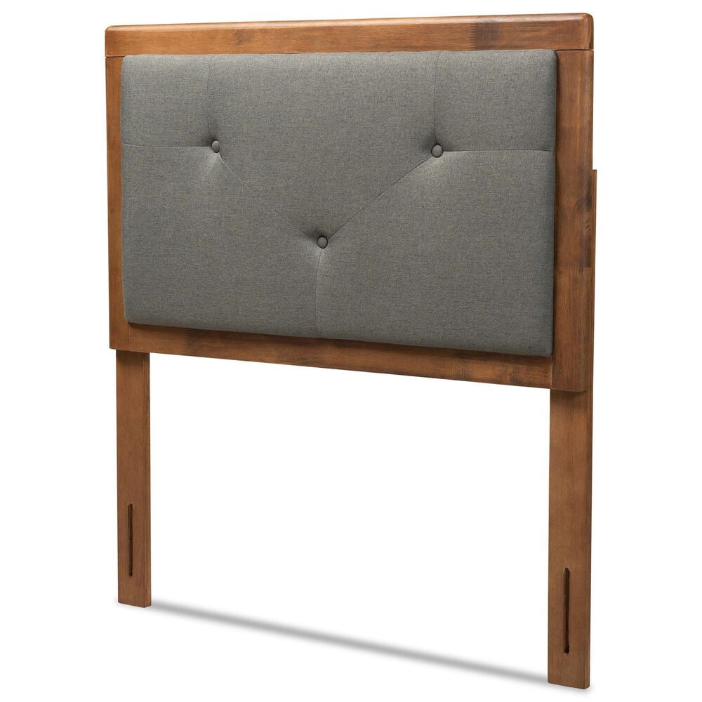 Baxton Studio Abner Twin Panel Headboard with Dark Grey Fabric in Walnut Brown, , large