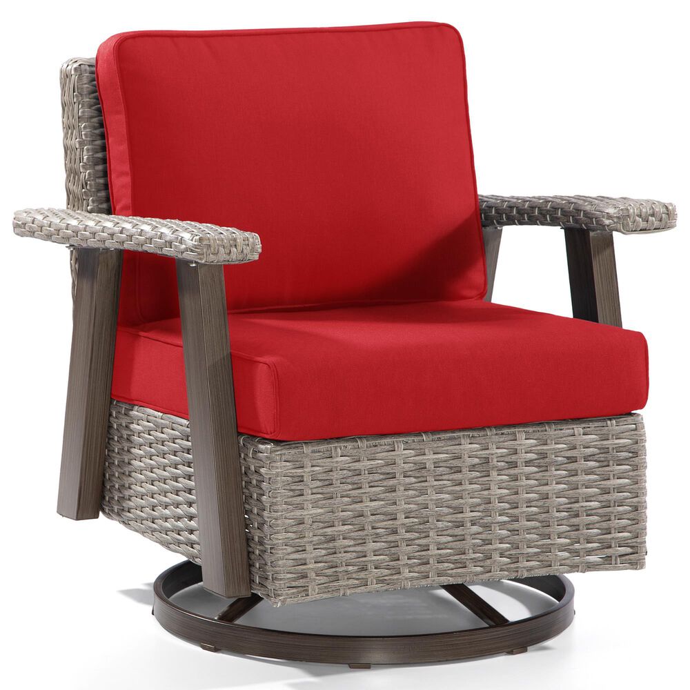 Sunwell Garden Patio Outdoor Swivel Chair with Light Gray Wicker in Red, , large