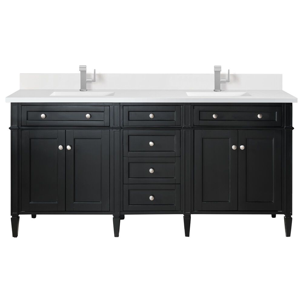 James Martin Vanities Brittany 72" Double Bathroom Vanity in Black Onyx with Single Hole 3 cm White Zeus Quartz Top and Rectangular Sinks, , large