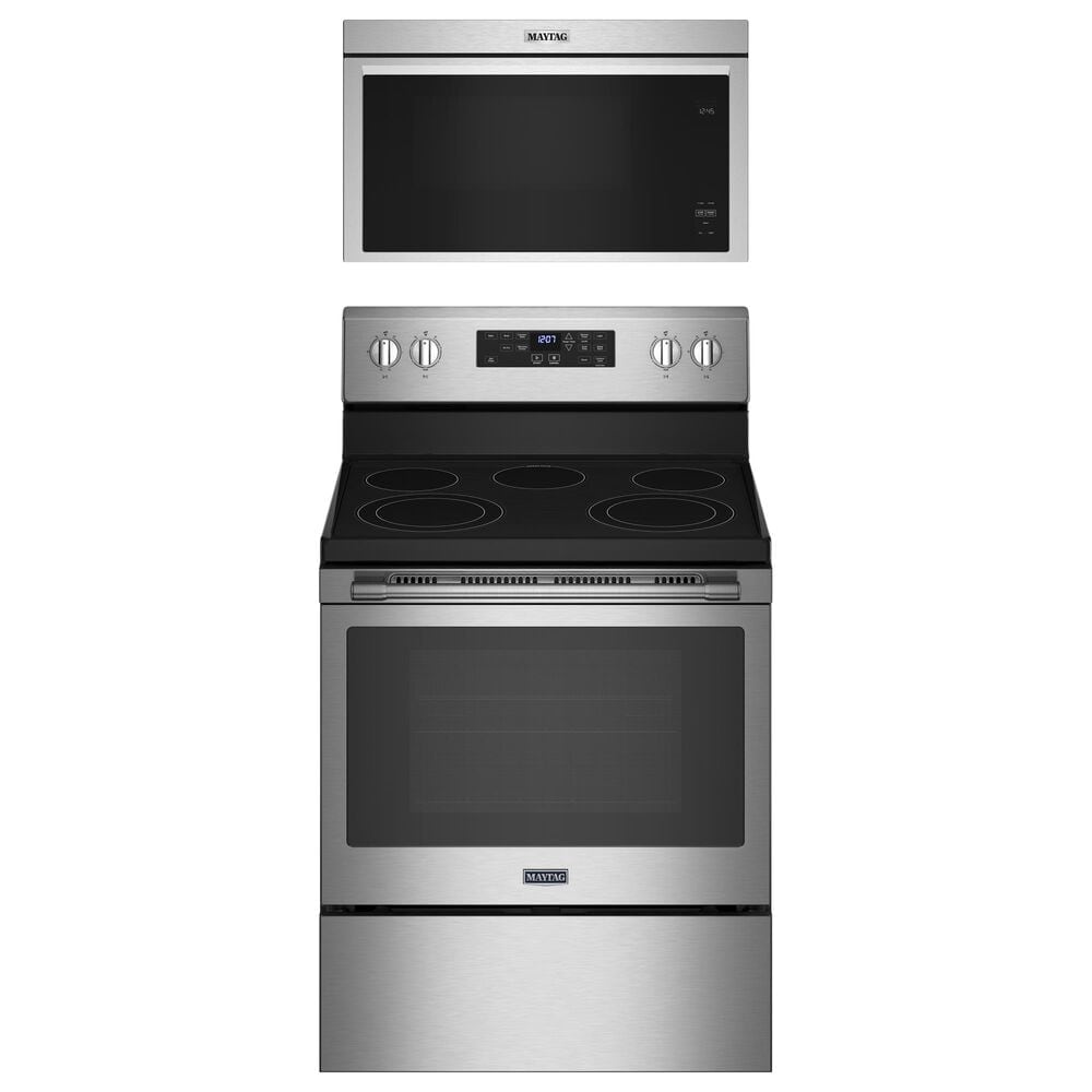 MAYTAG 2-Piece Kitchen Package with 5.3 Cu. Ft. Freestanding Electric Range and 1.1 Cu. Ft. Over-the-Range Microwave in Fingerprint Resistant Stainless Steel, , large