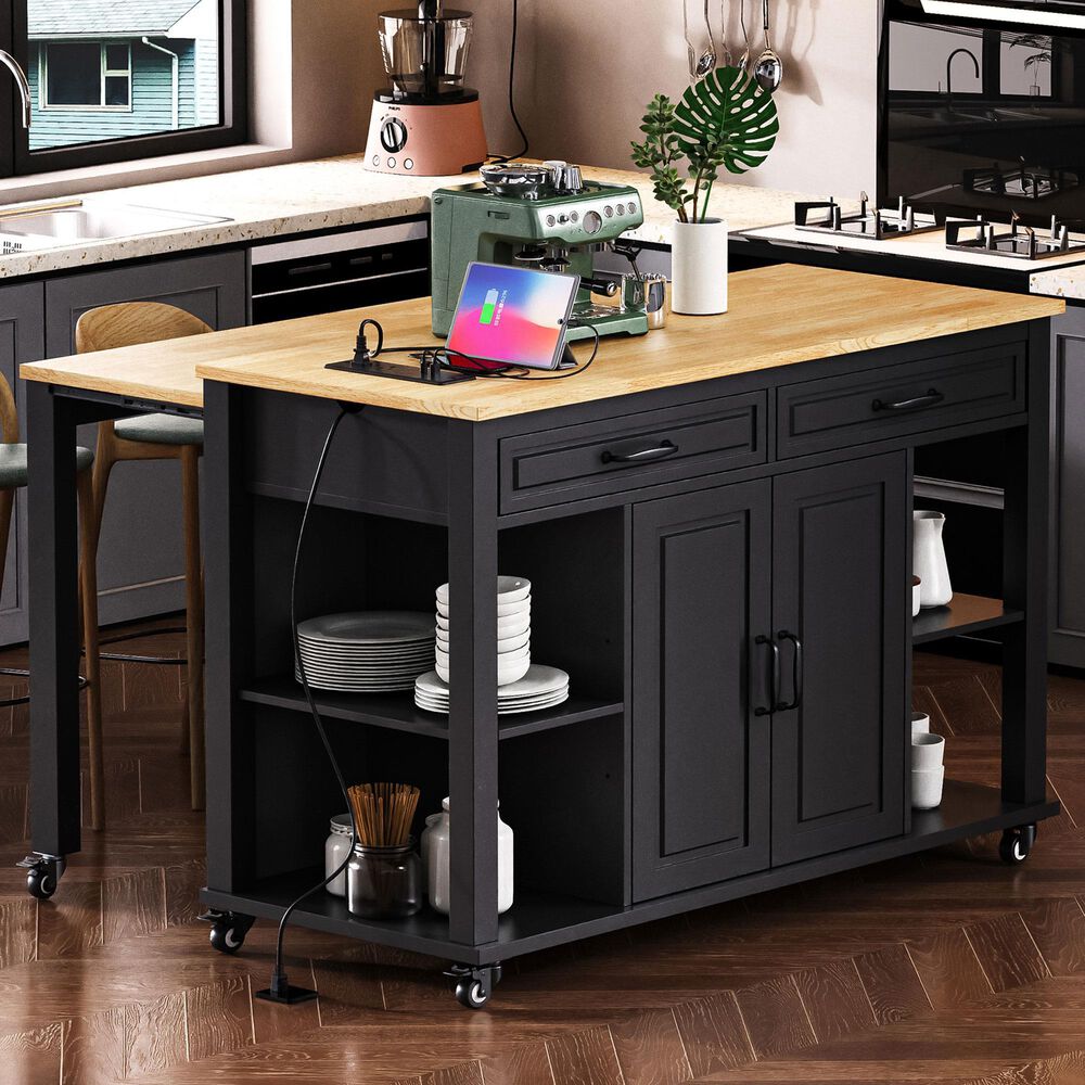 HOMLUX 47" Kitchen Island with Extendable Dining Table in Black, , large