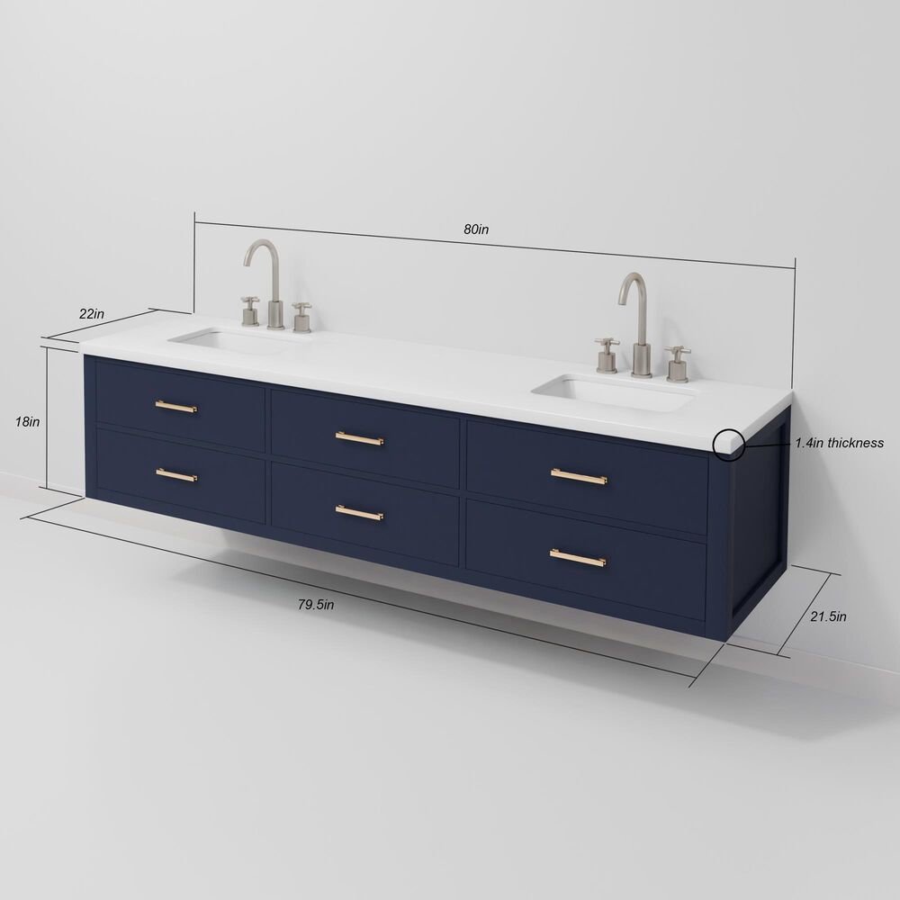 Lexora Home Castor 80" Double Bathroom Vanity in Blue with 2 cm White Quartz Top and Rectangular Sinks, , large