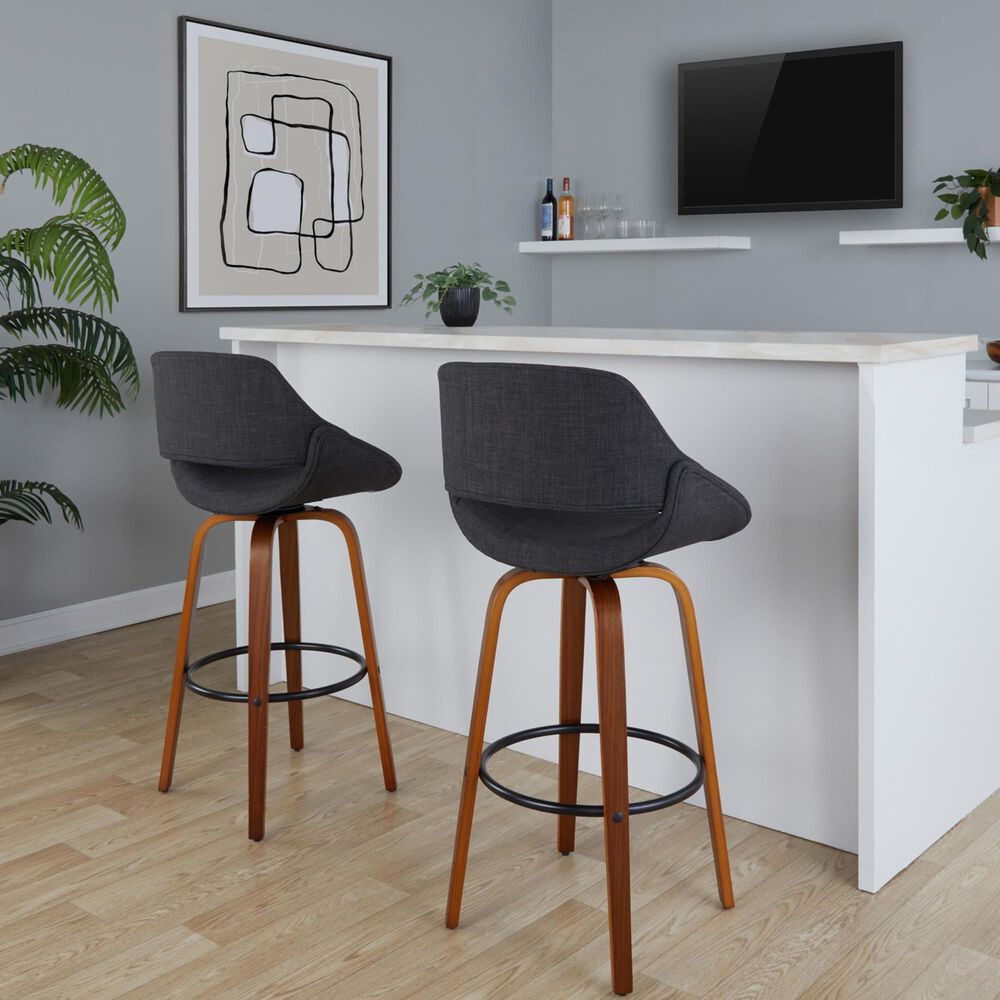 LumiSource Fabrico 30" Swivel Fixed-Height Bar Stool with Charcoal Fabric Upholstery in Black and Walnut (Set of 2), , large