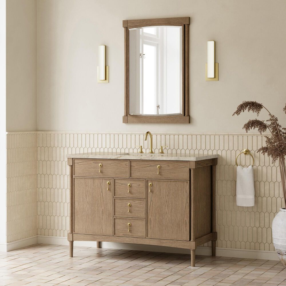 James Martin Kinnsden 48" Single Bathroom Vanity in Weathered Oak with 3 cm Tajnar Eclos Top, Rectangular Sink and FreePower Wireless Charger, , large