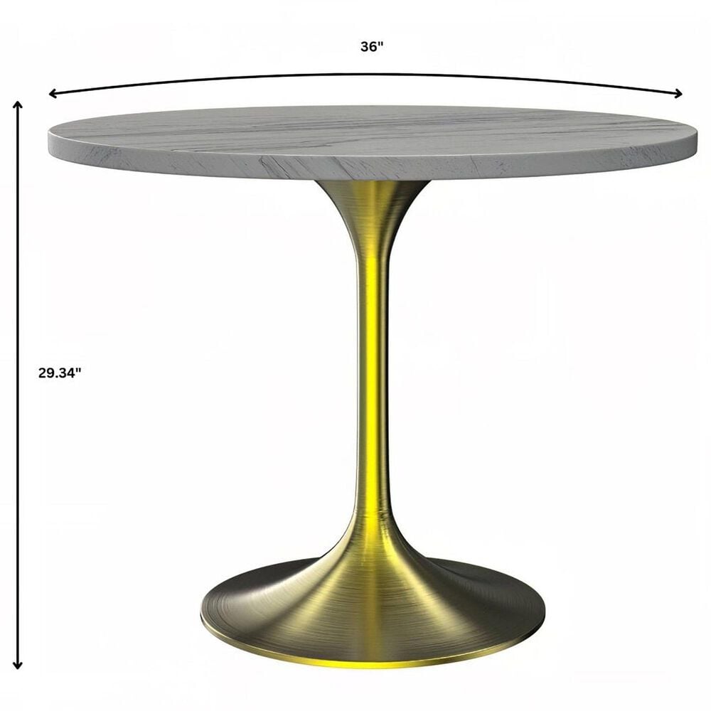 Leisuremod LeisureMod Verve Collection 36 Round Dining Table, Brushed Gold Base with Laminated White Marbleized Top, , large