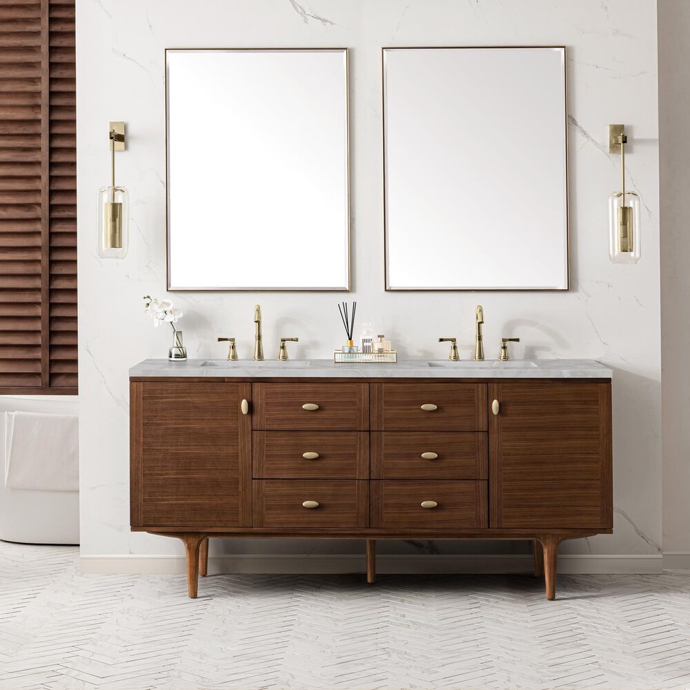 James Martin Vanities Amberly 72" Double Bathroom Vanity in Mid-Century Walnut with 3 cm Eternal Jasmine Pearl Silestone Top, Rectangular Sinks and FreePower Wireless Charger, , large