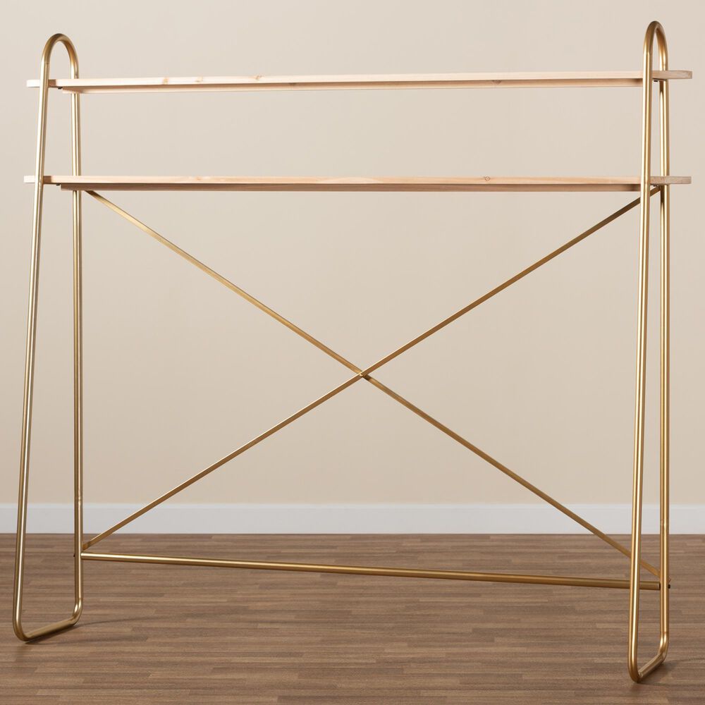 Baxton Studio Merida 2-Tier Over Bed Queen Size Storage Display Shelf in Brushed Gold and Natural Brown, , large