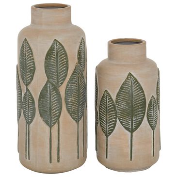 Maple and Jade Coastal Leaf Textured Vase in Light Brown and Green (Set of 2), , large