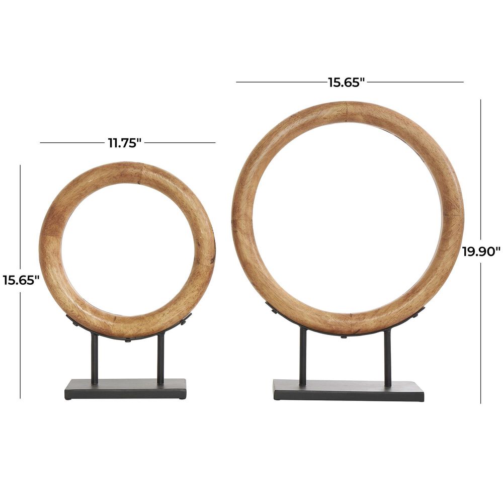 Maple and Jade 2-Piece Circular Ring Geometric Decorative Sculpture Set in Oiled Brown and Black, , large