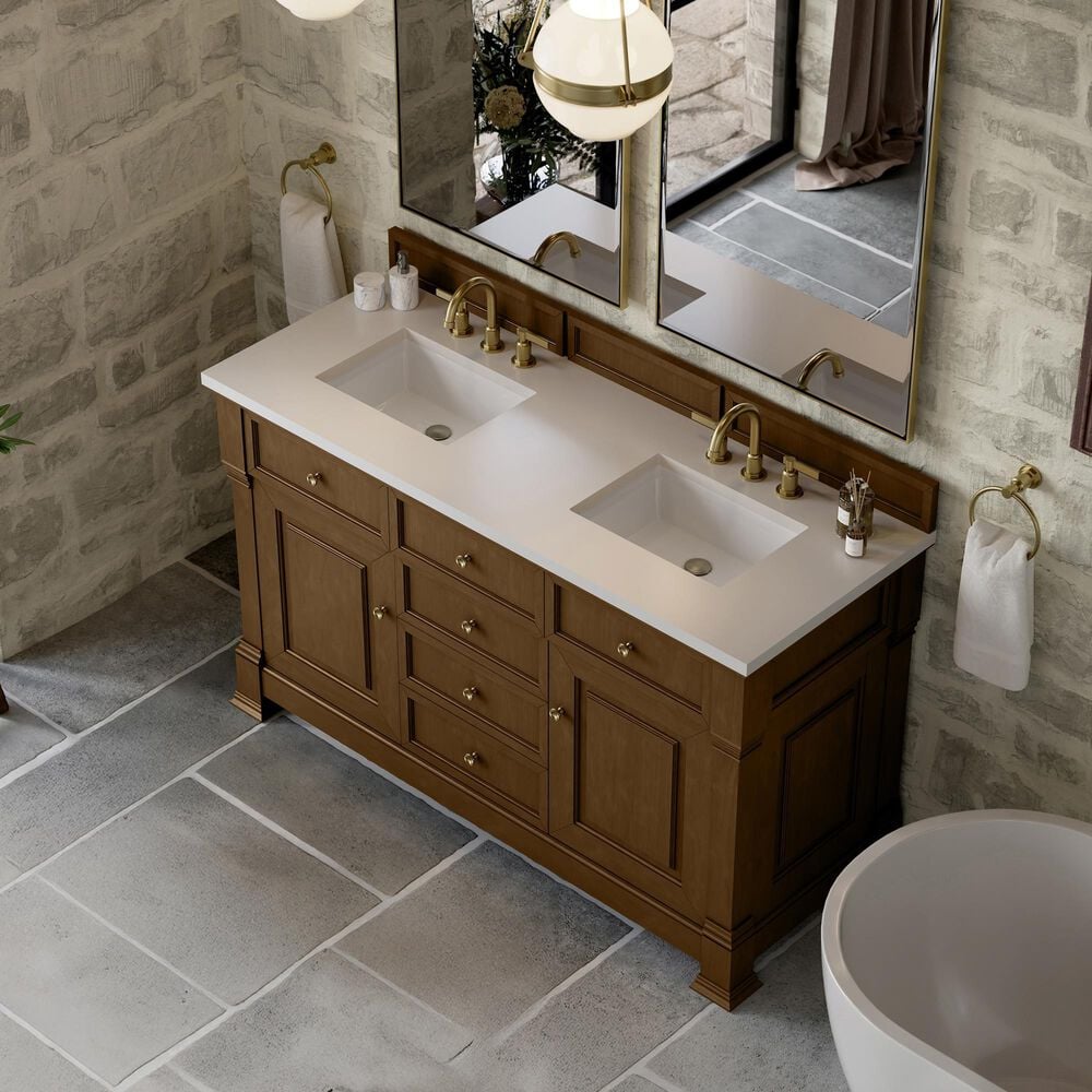 James Martin Vanities Brookfield 60&quot; Double Bathroom Vanity in Honey Oak with 3 cm White Zeus Quartz Top and Rectangular Sinks, , large