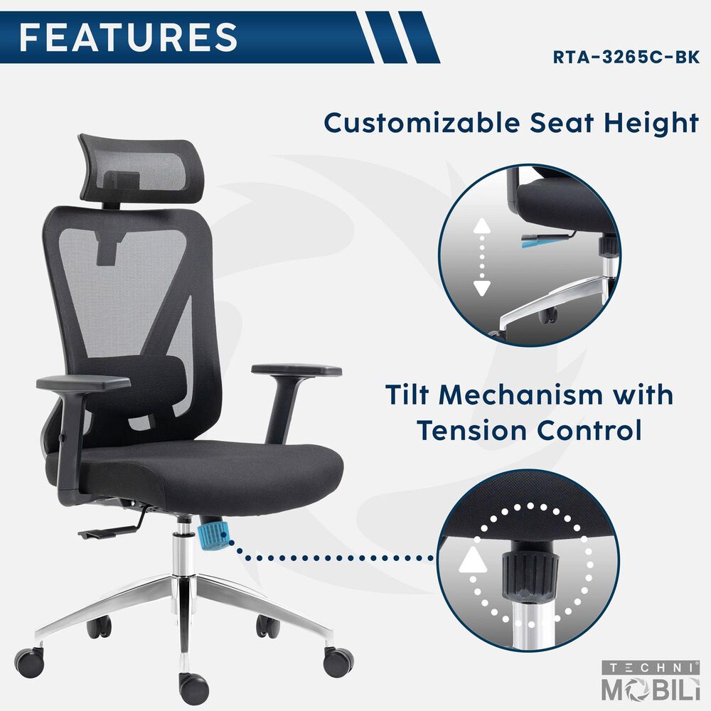 Rta Products Llc Truly Ergonomic Mesh Office Chair with Headrest and Lumbar Support in Black, , large