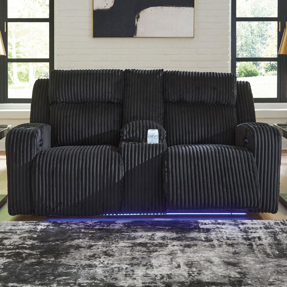 Ashley Forest Lake Power Reclining Loveseat with Console and Adjustable Headrest in Black Velvet, , large