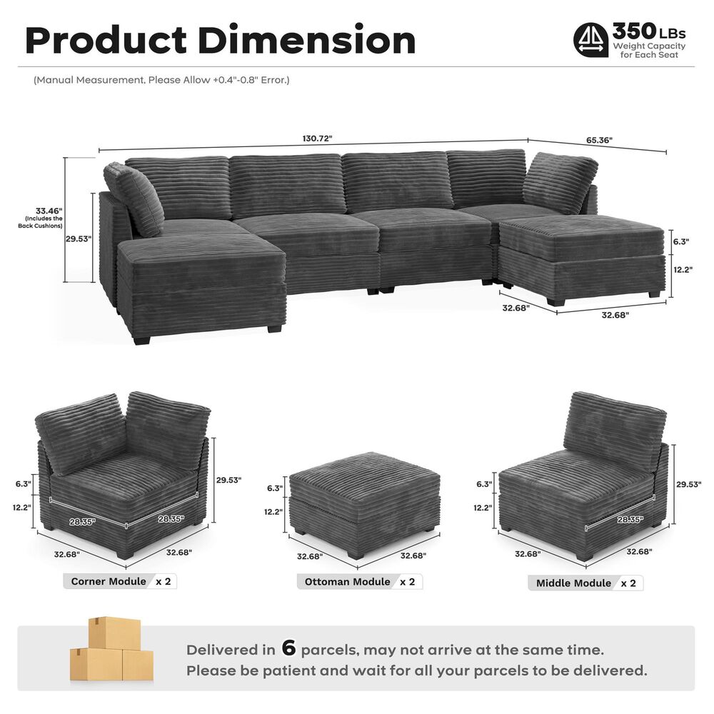 Noviland HOMLUX 6-Piece Mod Sectional with Ottomans in Gray, , large