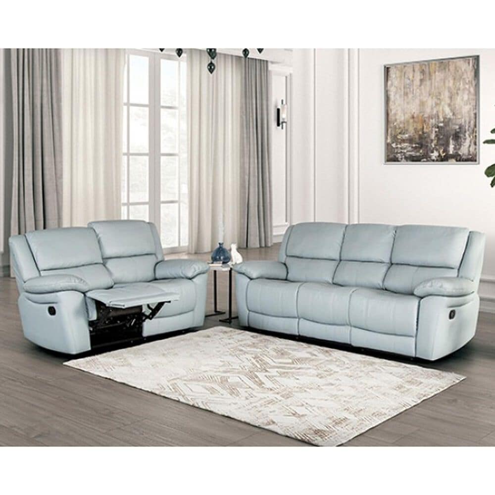 Furniture of America Glarus Manual Recliner Sofa and Loveseat Set in Powder Blue, , large