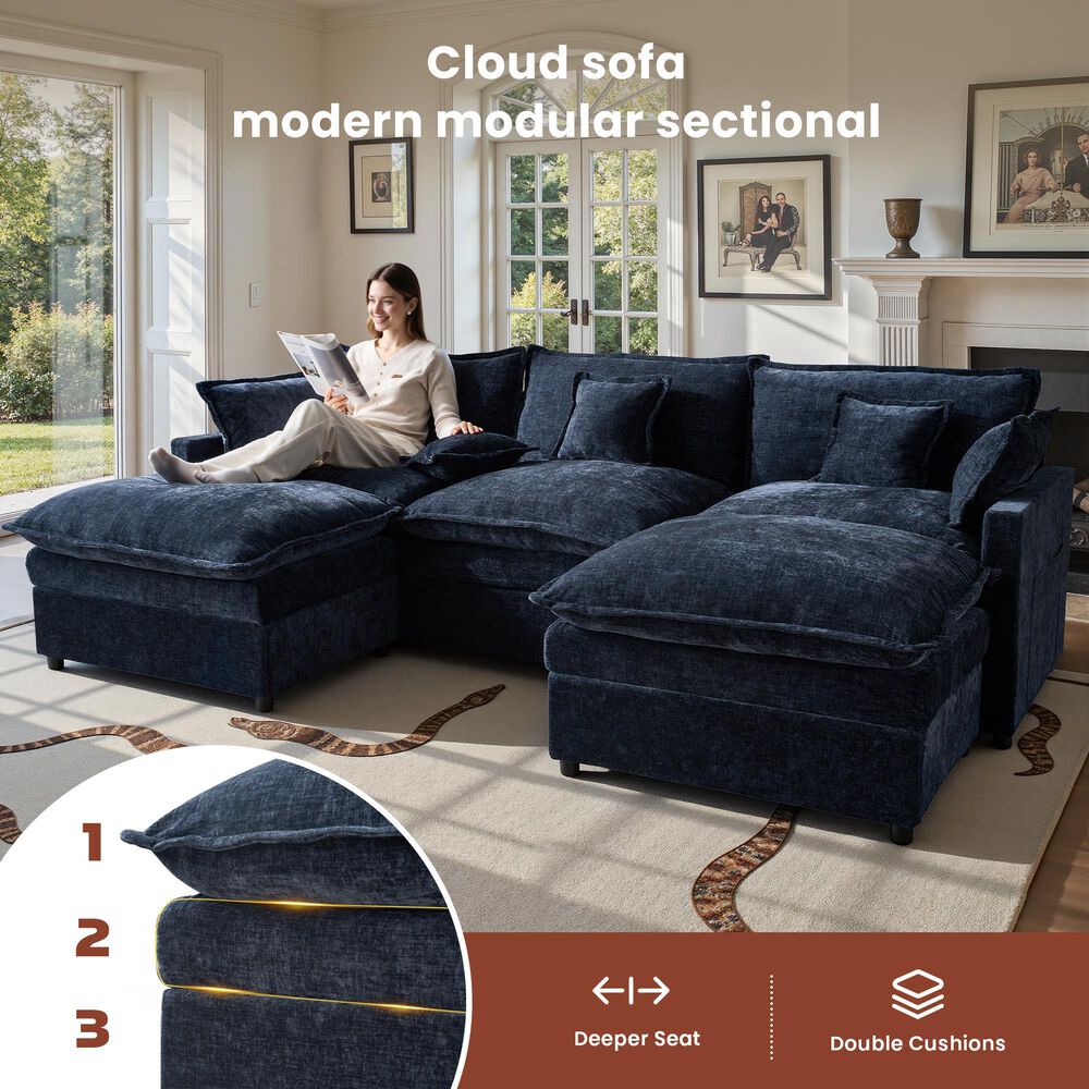HOMLUX 107.87" Ultra-Comfort Chenille Sectional Sofa Set in Dark Blue, , large