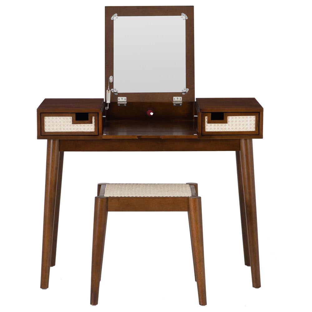 Linon Home Decor Camila Vanity with Stool in Walnut, , large