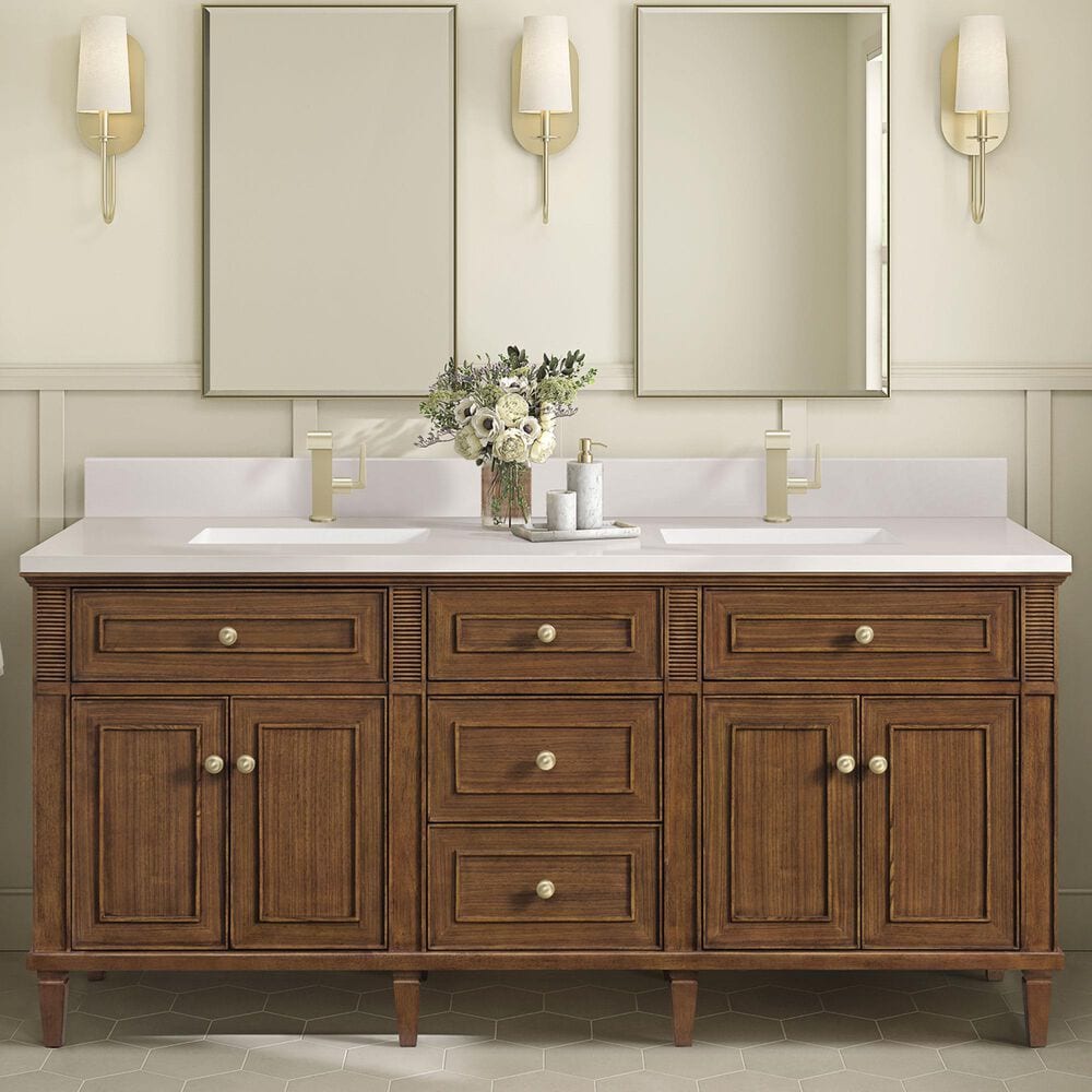 James Martin Vanities Lorelai 72"Double Vanity in Mid-Century Walnut with Single Hole 3 cm and White Zeus Quartz Top & Backsplash, , large
