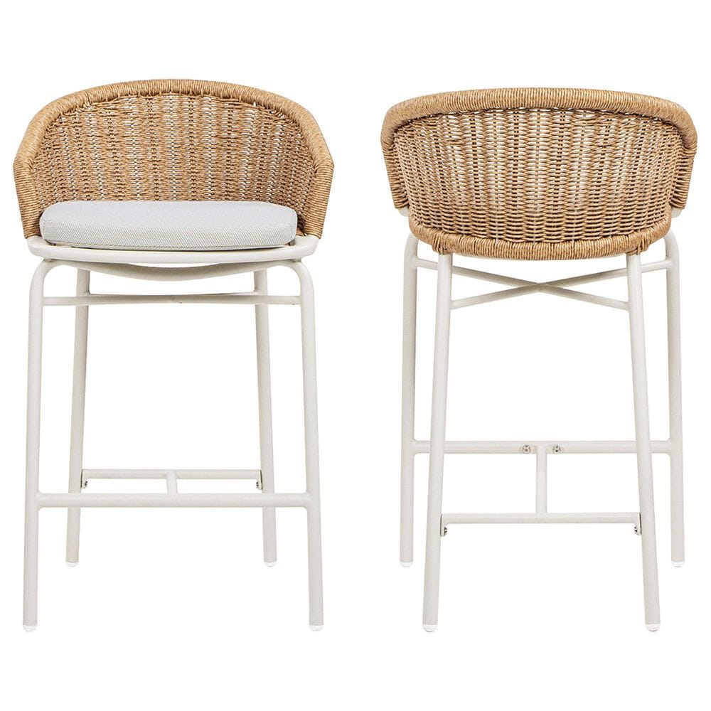Hearth and Haven Santorini Outdoor Barstool with Wicker Backrest and Cushions in Beige (Set of 2), , large