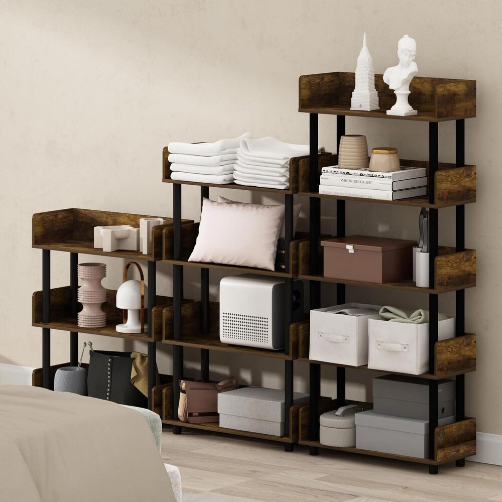 HOMLUX Turn-N-Tube 3-Tier Open Display Storage Bookshelf in Amber Pine and Black, , large