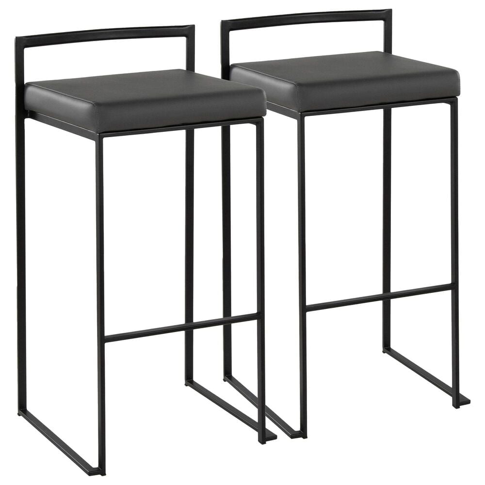 Lumisource Fuji Stackable Barstool with Grey Faux Leather Cushion in Black (Set of 2), , large