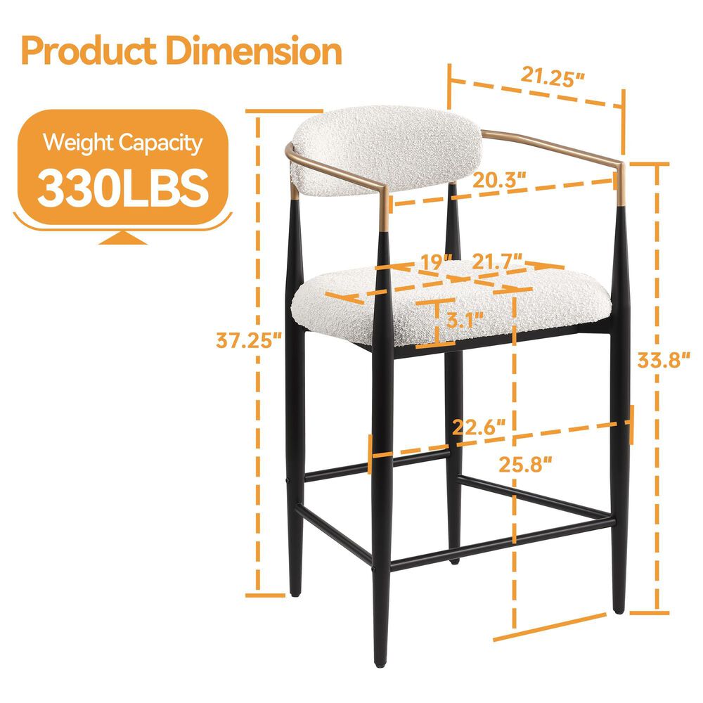 Morden Fort 26" Counter Stool with White Cushion in Black and Gold (Set of 2), , large