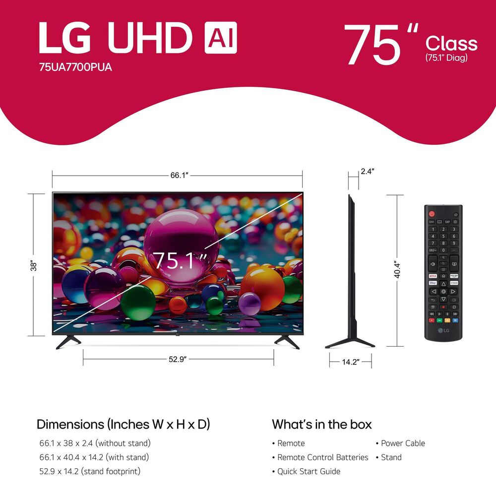 LG 75" Class UA77 4K UHD AI - Smart TV with 3.1 Channel Soundbar System in Black, , large