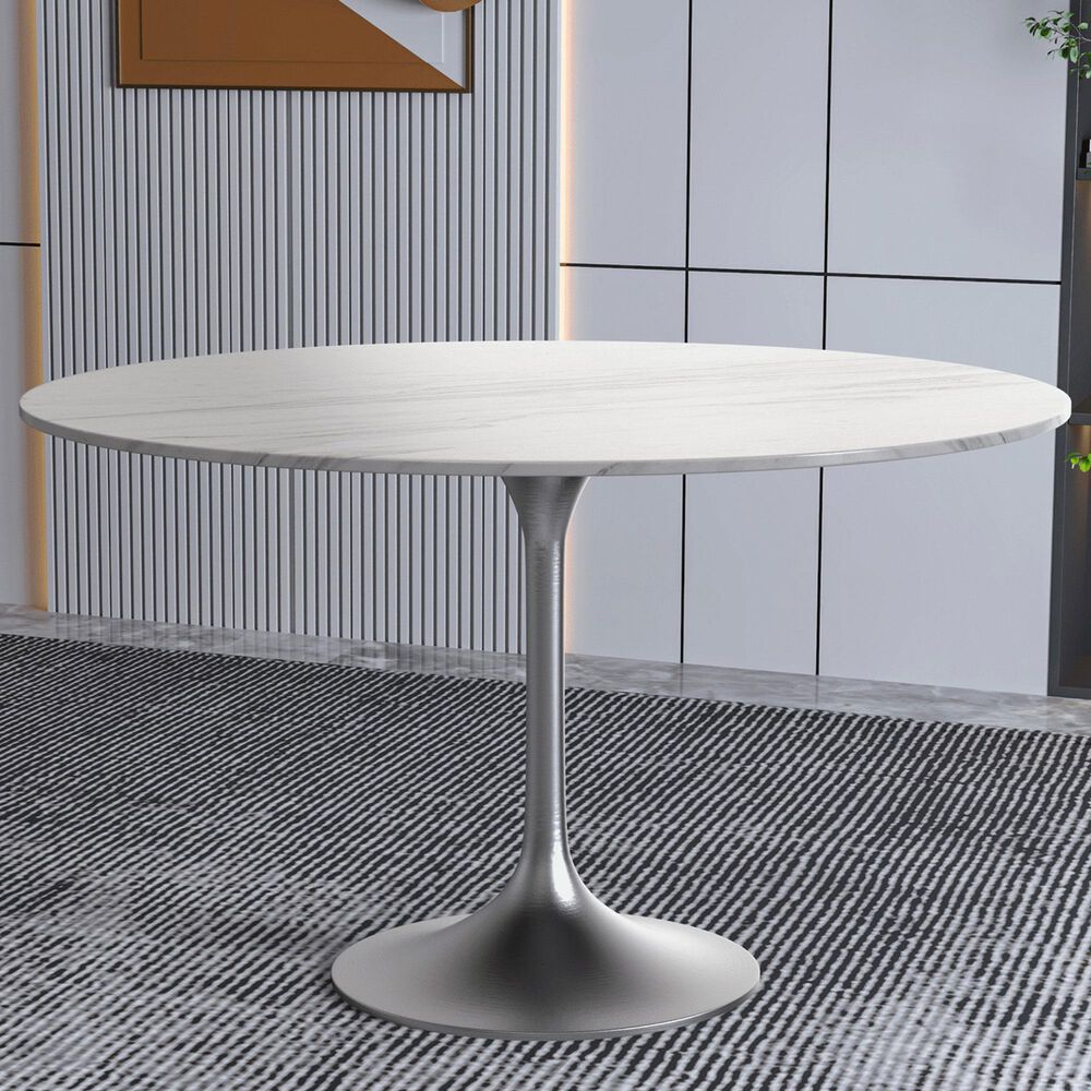 Leisuremod LeisureMod Verve Collection 48 Round Dining Table, Brushed Chrome Base with Sintered Stone White Top, , large