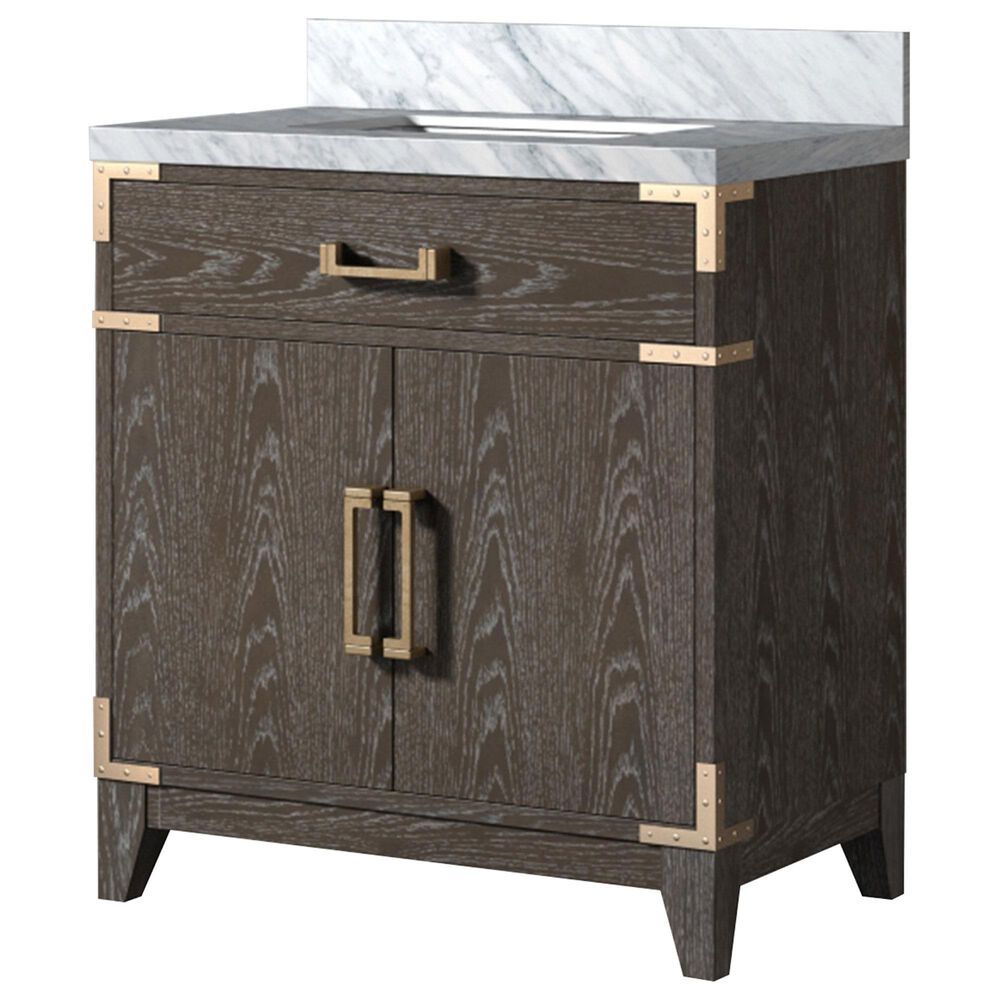 Lexora Home Laurel 30" Single Bathroom Vanity in Brown Oak with White Carrara Marble Top and Rectangular Sink, , large